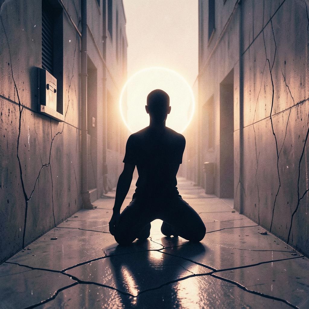 A silhouetted kneeling person stands in the center of a narrow alley between tall cracked concrete buildings, with a bright glowing sun or moon behind them.